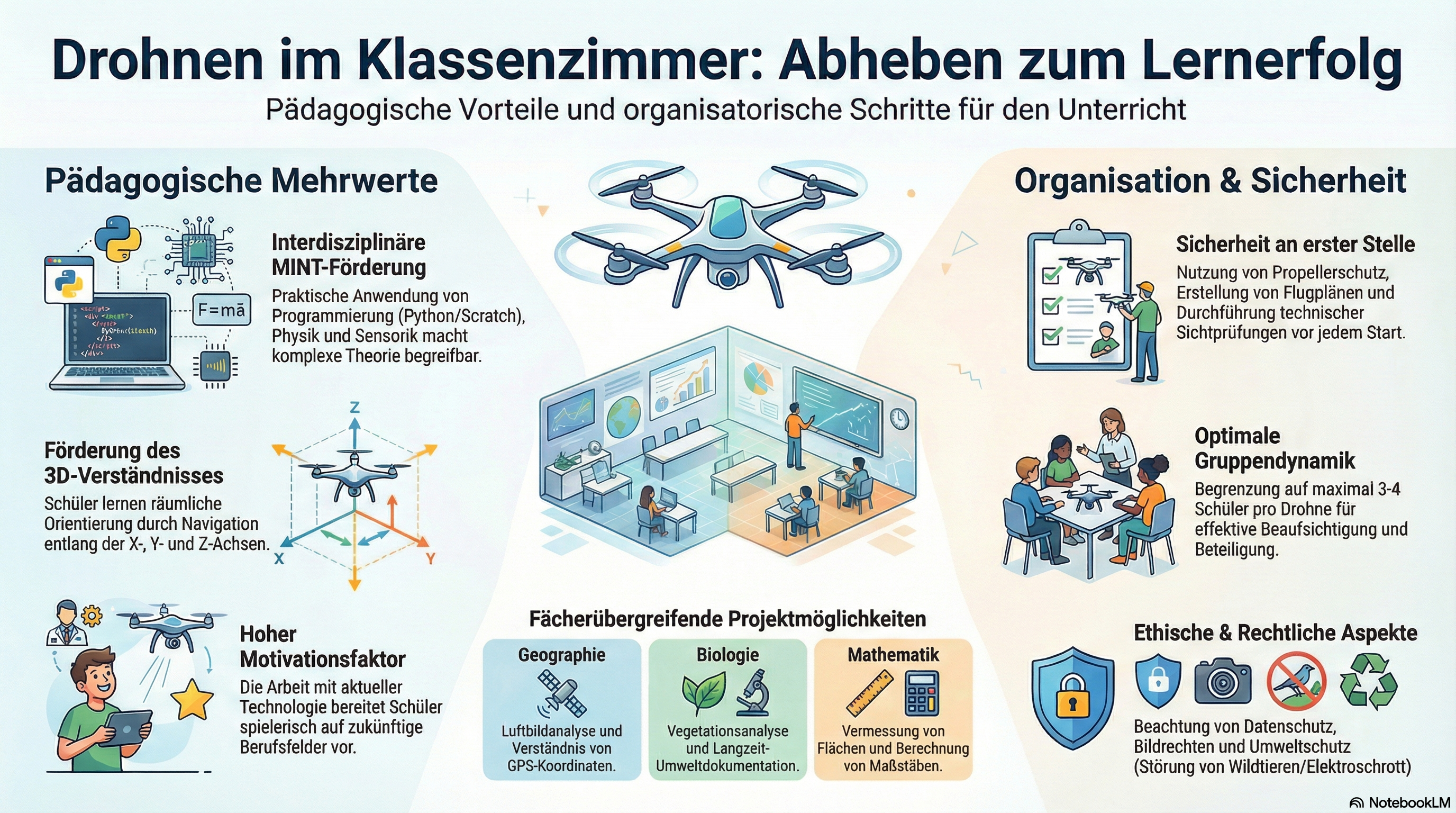 �bersicht: Drohnen im Klassenzimmer - P�dagogische Mehrwerte und Organisation | Quelle: KI generiert